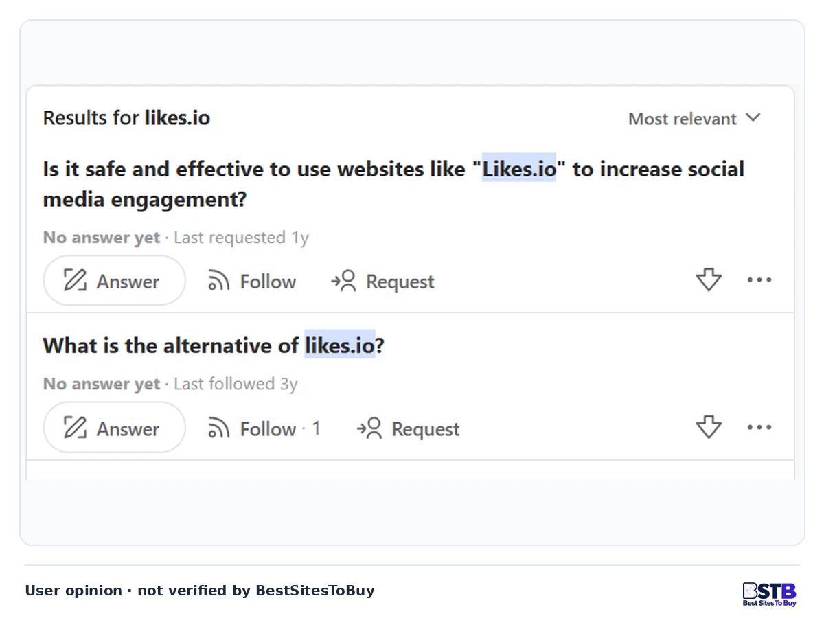 Quora questions asking whether sites like Likes.io are safe and what the alternatives are, both without answers