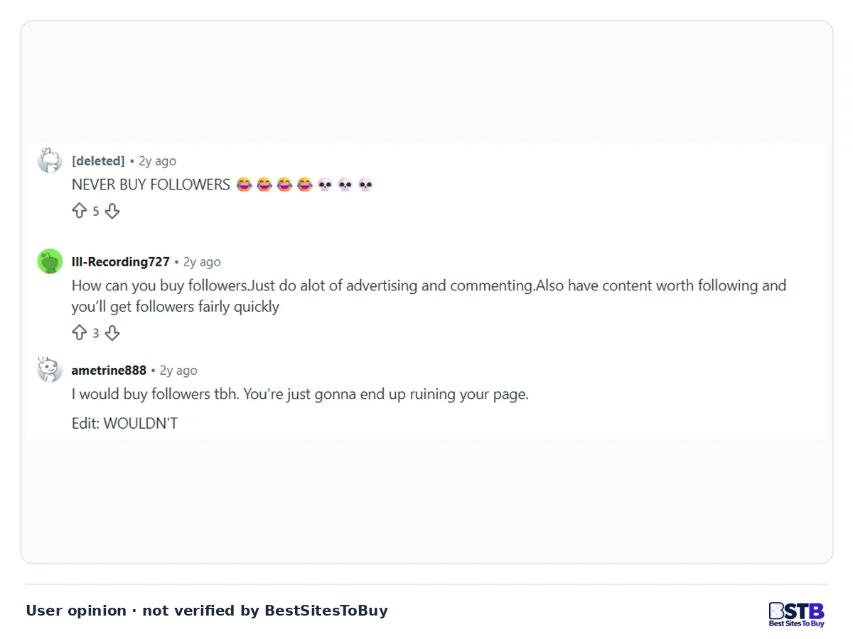 Reddit replies telling a Likes.io buyer never to buy followers and to grow with content, advertising and commenting instead