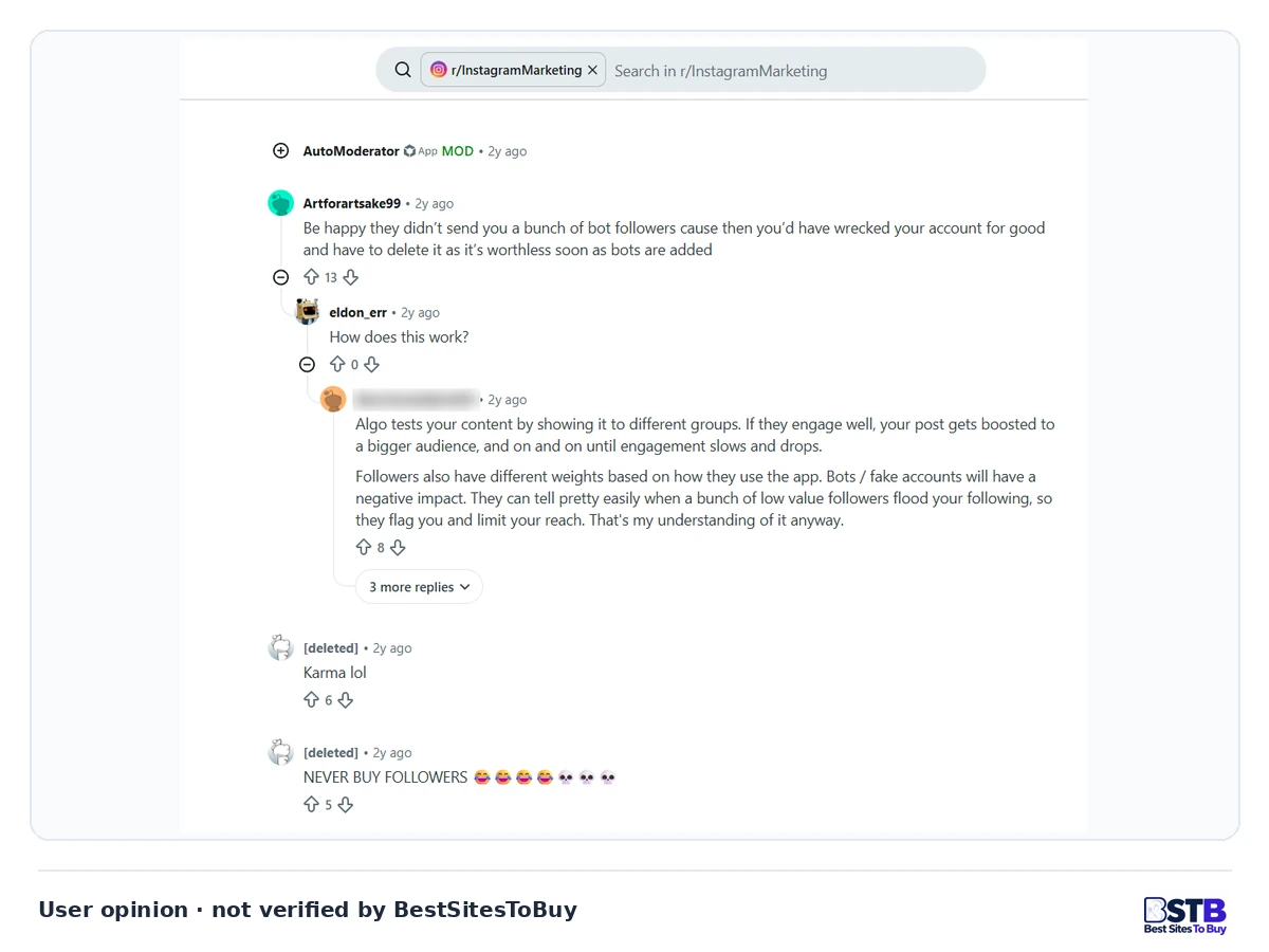 Reddit replies warning that bot followers can wreck an Instagram account and get its reach limited