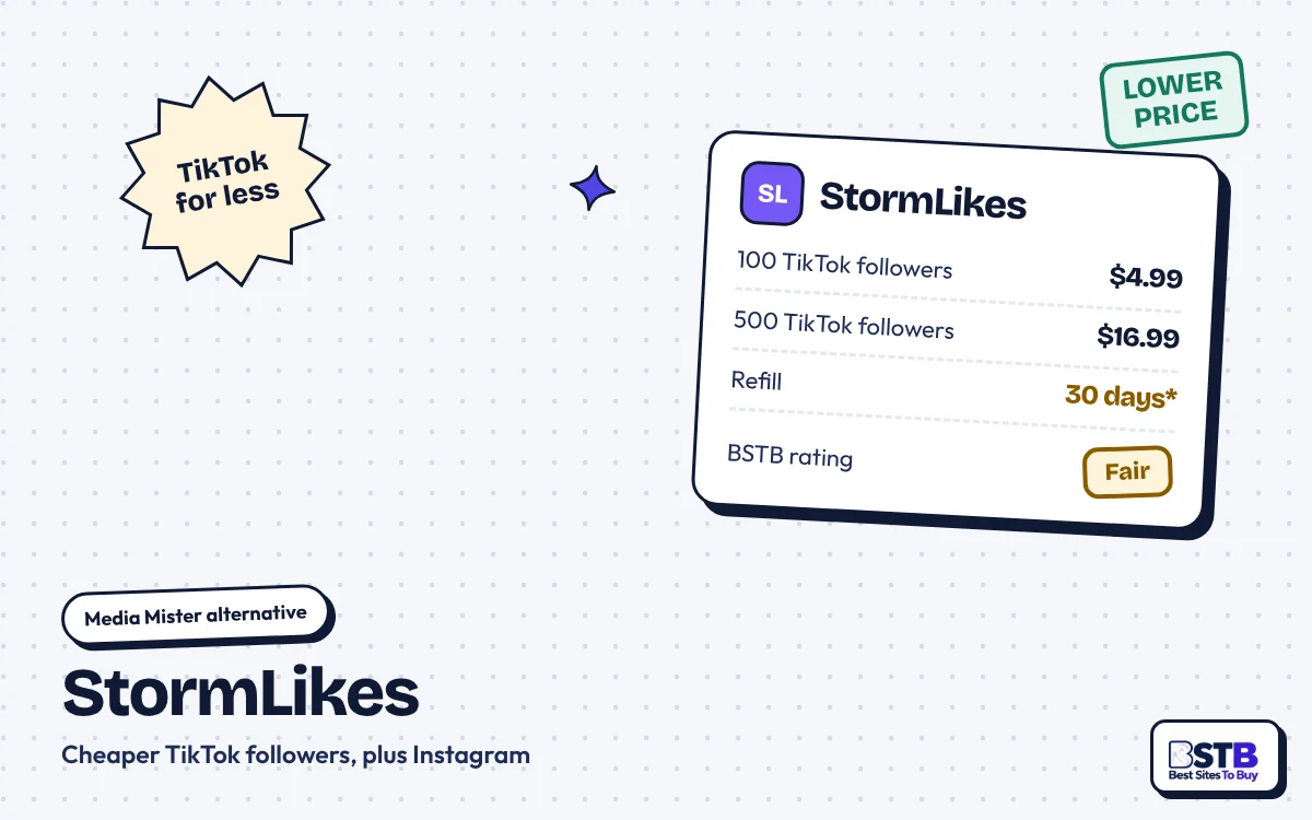 Media Mister alternative StormLikes: 100 TikTok followers for $4.99, 500 for $16.99, refill 30 days, rated Fair