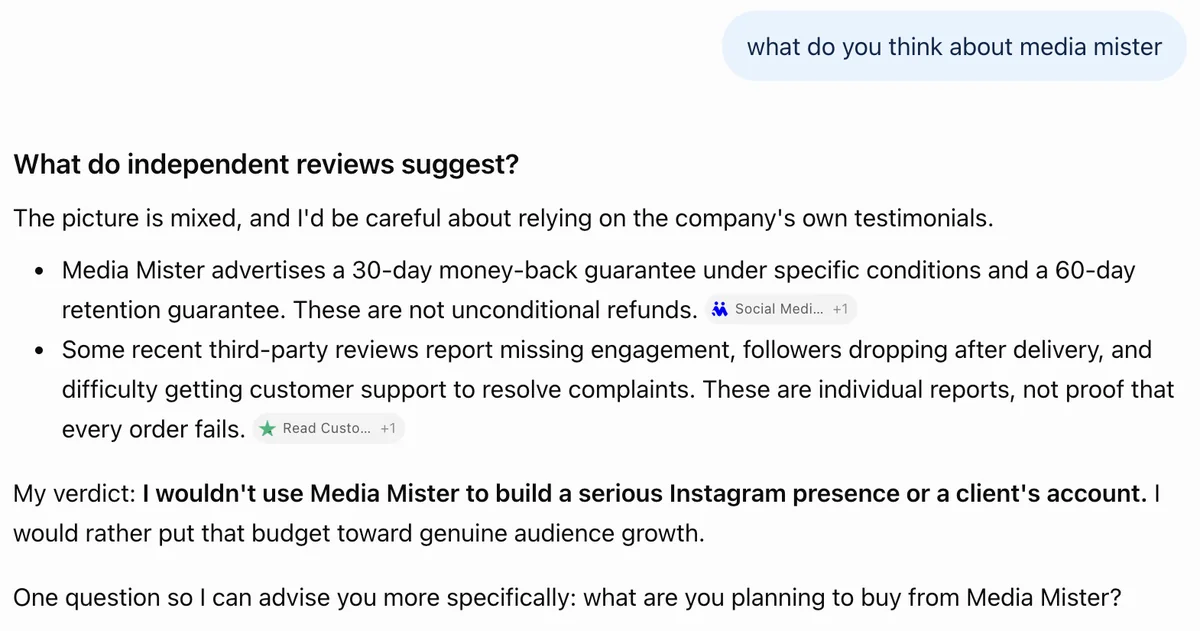 ChatGPT answer on Media Mister: mixed reviews, conditional refunds, not for a serious Instagram account