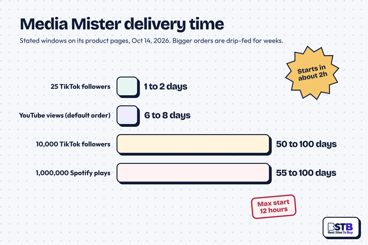 Media Mister delivery time chart: 1 to 2 days for 25 TikTok followers, up to 100 days for the largest packs