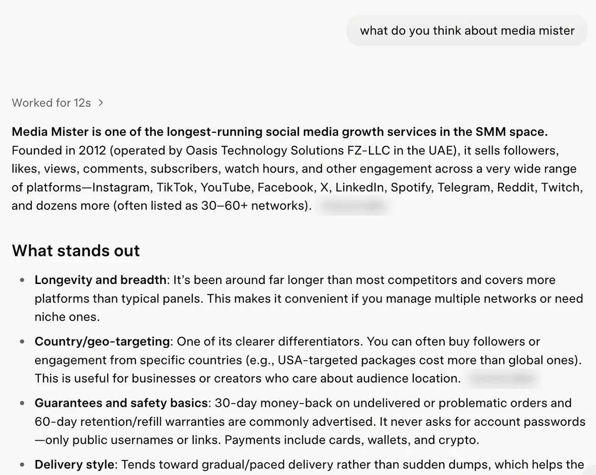 Grok answer on Media Mister: long-running, UAE operator, country targeting, 30-day refund and 60-day refill