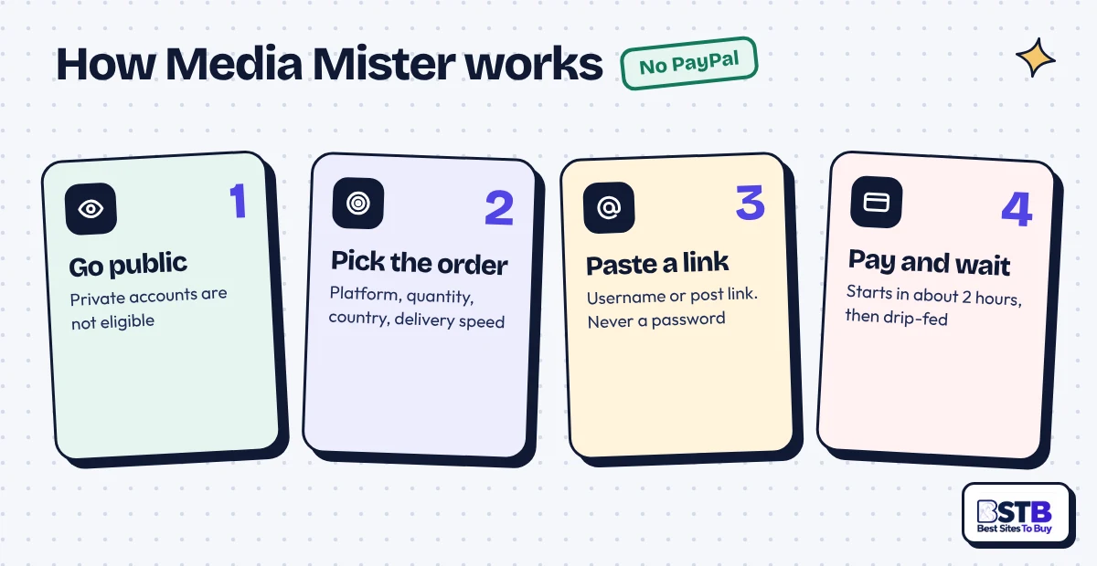 How Media Mister works in 4 steps: go public, pick the order, paste a link (never a password), pay and wait