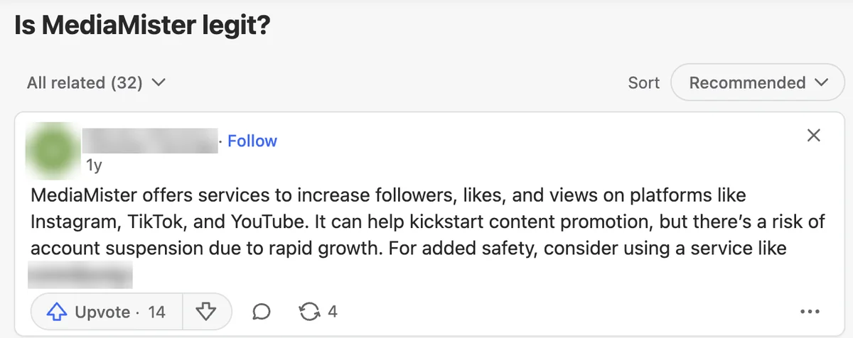 Quora answer to "Is MediaMister legit?" warning of account suspension risk from rapid growth