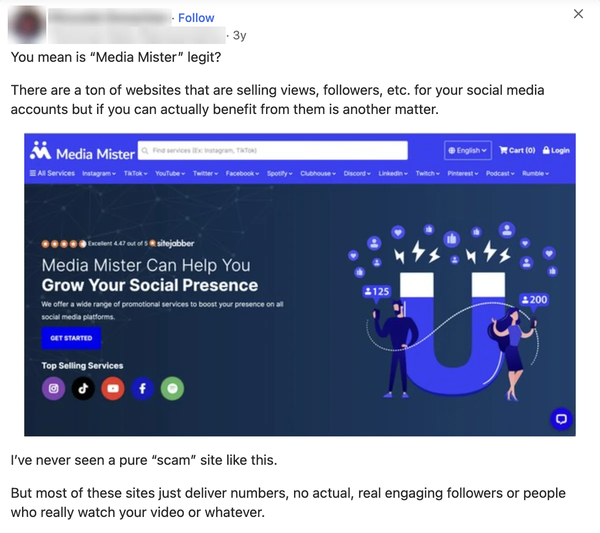 Quora answer showing the Media Mister homepage and saying such sites deliver numbers, not engaged people