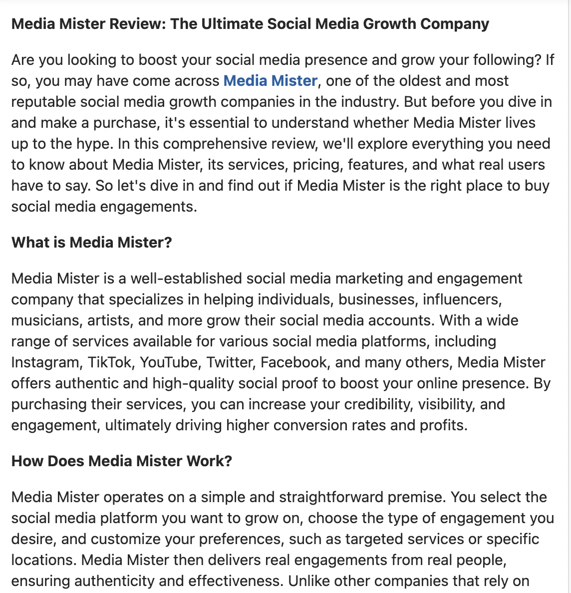 Quora post titled Media Mister Review: The Ultimate Social Media Growth Company, repeating its claims
