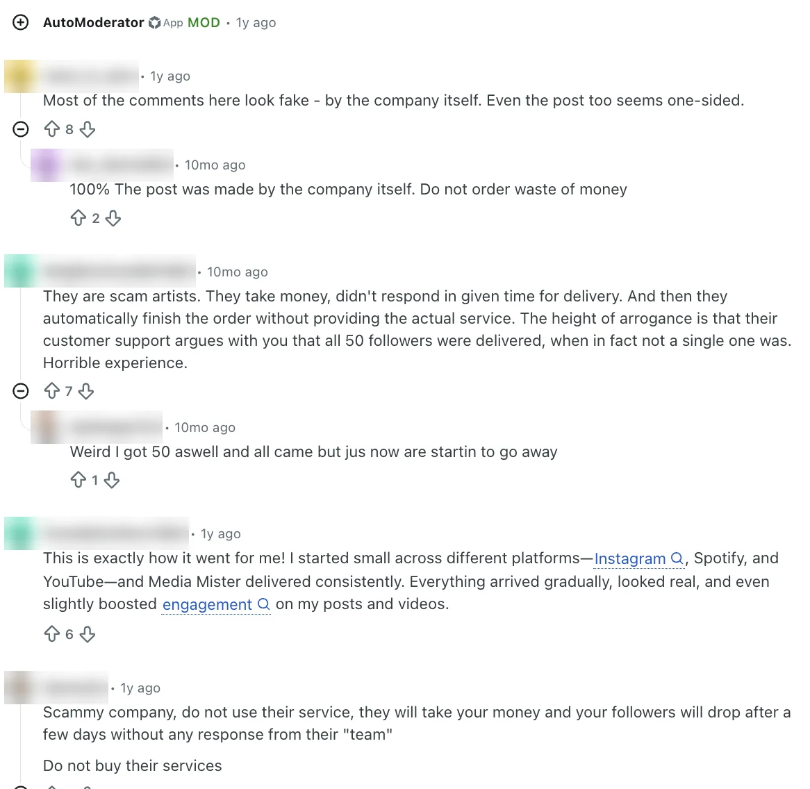 Reddit replies on Media Mister: post looks company-made, 50 followers never arrived, followers dropped