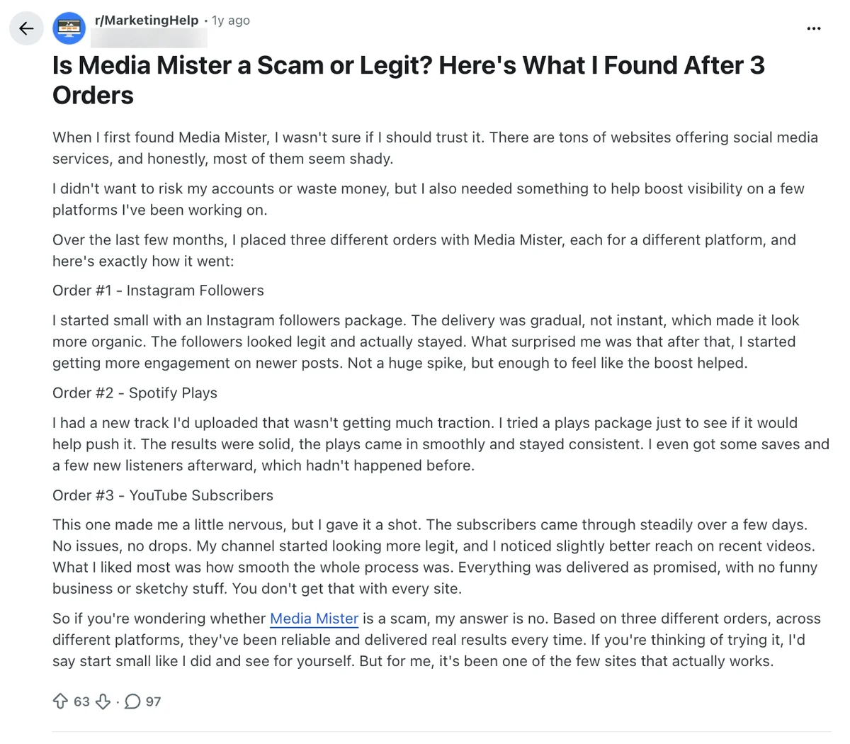 Reddit post praising three Media Mister orders: Instagram followers, Spotify plays and YouTube subscribers