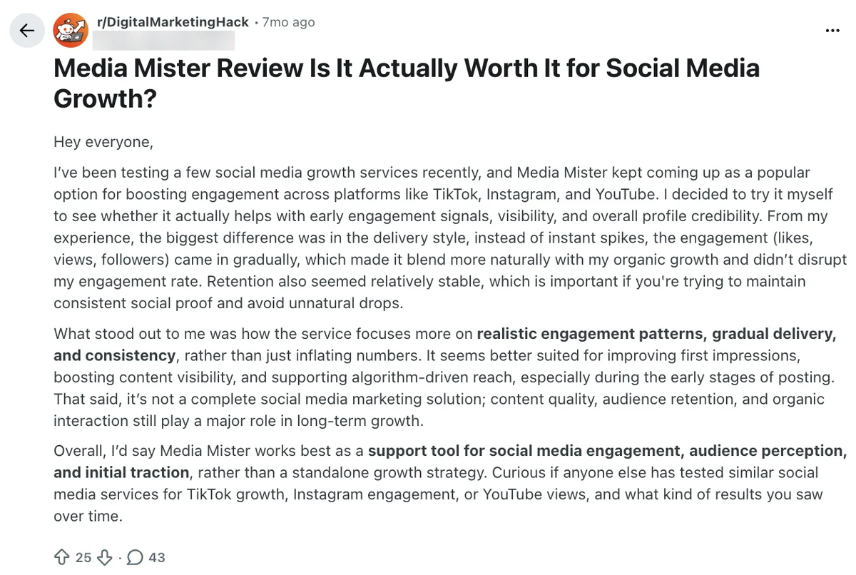 Reddit post asking if Media Mister is worth it, calling it a support tool rather than a growth strategy