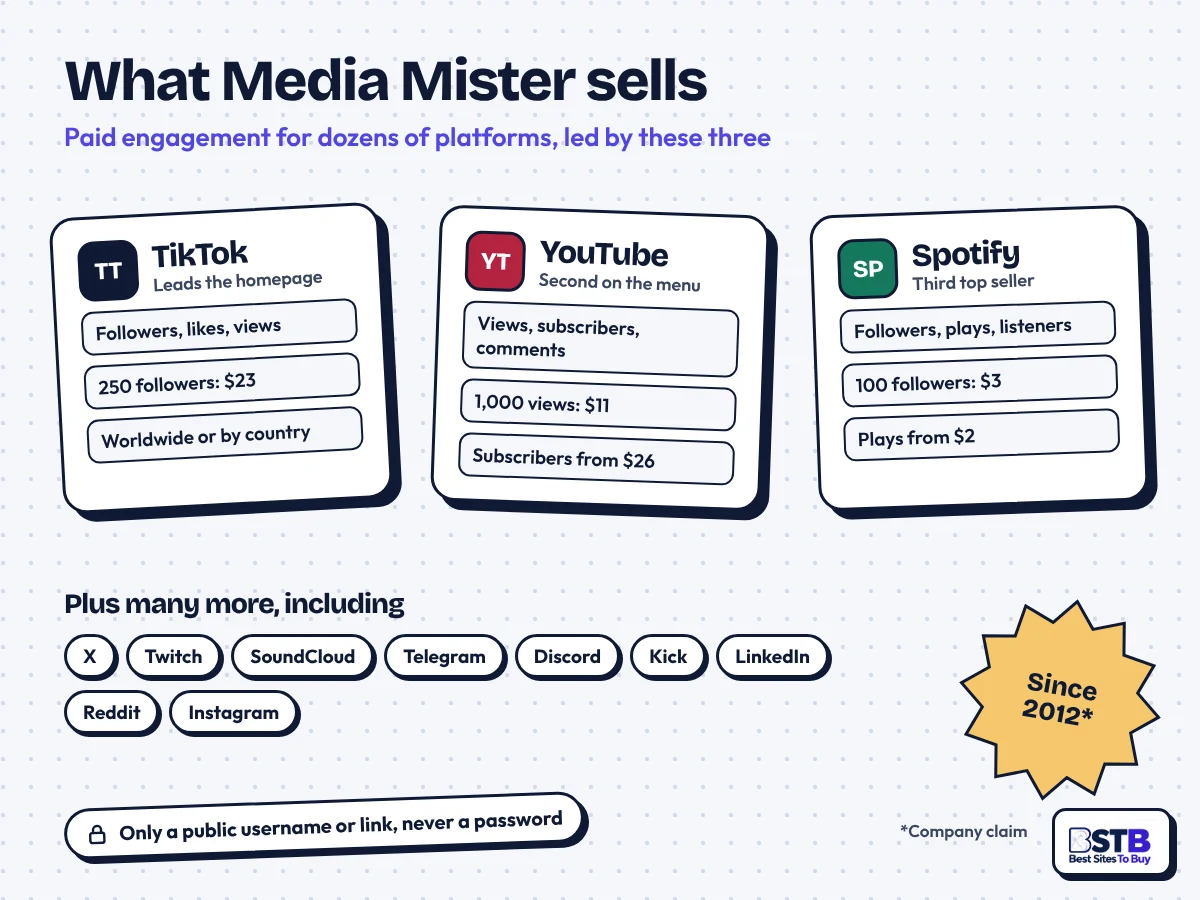 What Media Mister sells: TikTok, YouTube and Spotify cards with entry prices, plus X, Twitch, SoundCloud and more