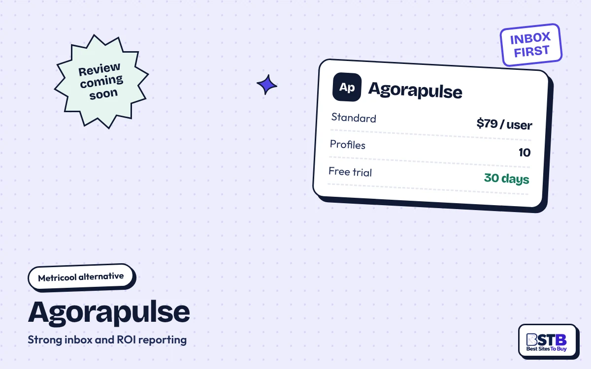 Metricool alternative Agorapulse: Standard $79 per user a month billed yearly, 10 profiles, 30-day trial