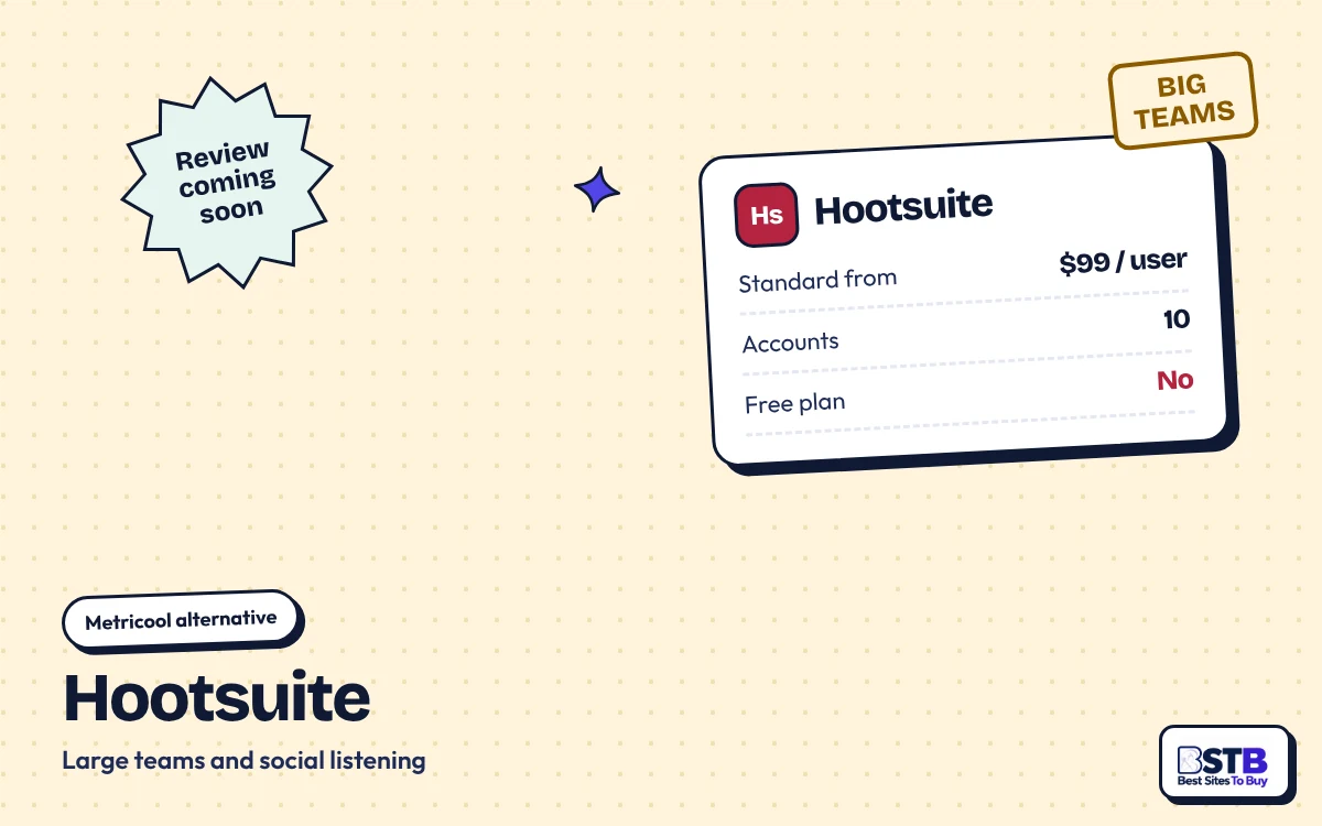 Metricool alternative Hootsuite: Standard from $99 a month billed yearly, 10 accounts, no free plan