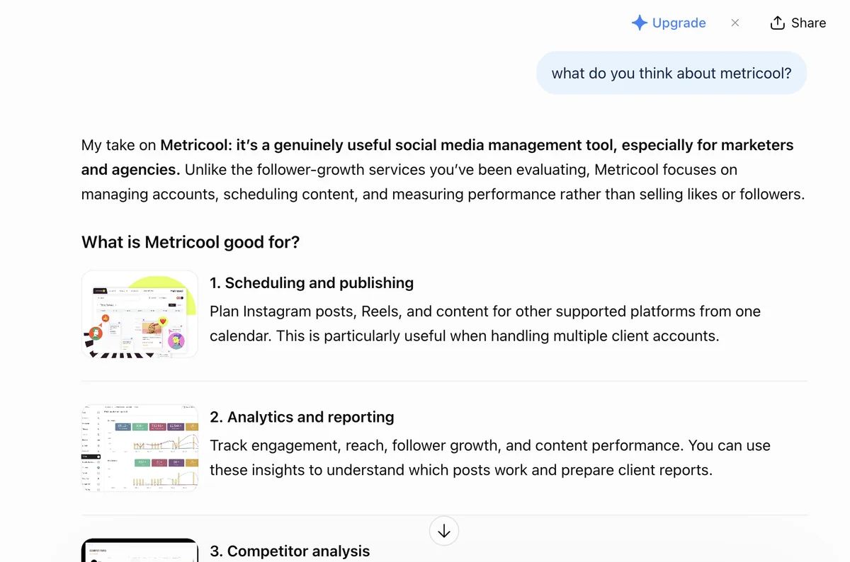 ChatGPT answer on Metricool: a genuinely useful social media management tool for marketers and agencies