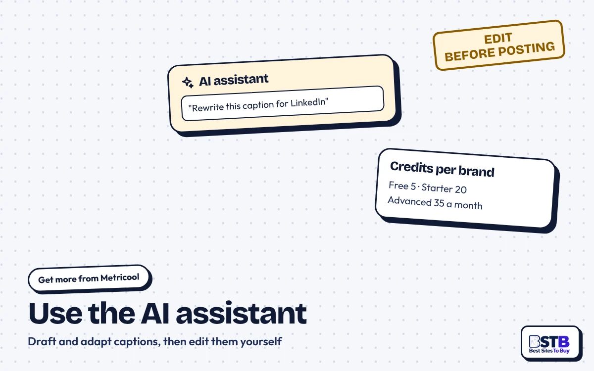 Get more from Metricool: AI assistant caption drafts with 5, 20 or 35 monthly credits per brand
