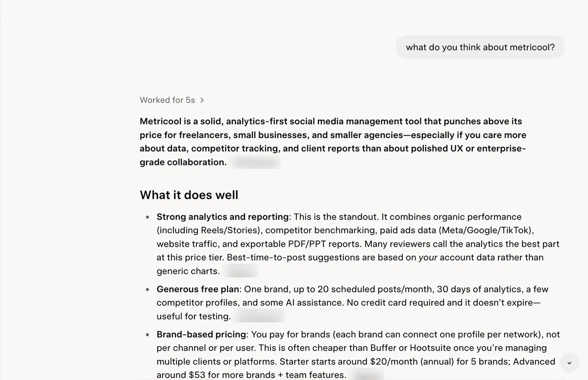 Grok answer on Metricool: a solid, analytics-first tool that punches above its price, with brand-based pricing