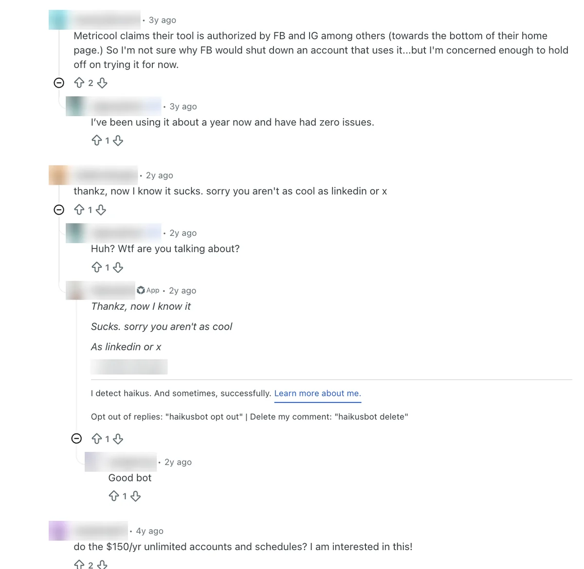 Reddit replies saying Metricool claims Facebook and Instagram authorization, and a user with zero issues in a year