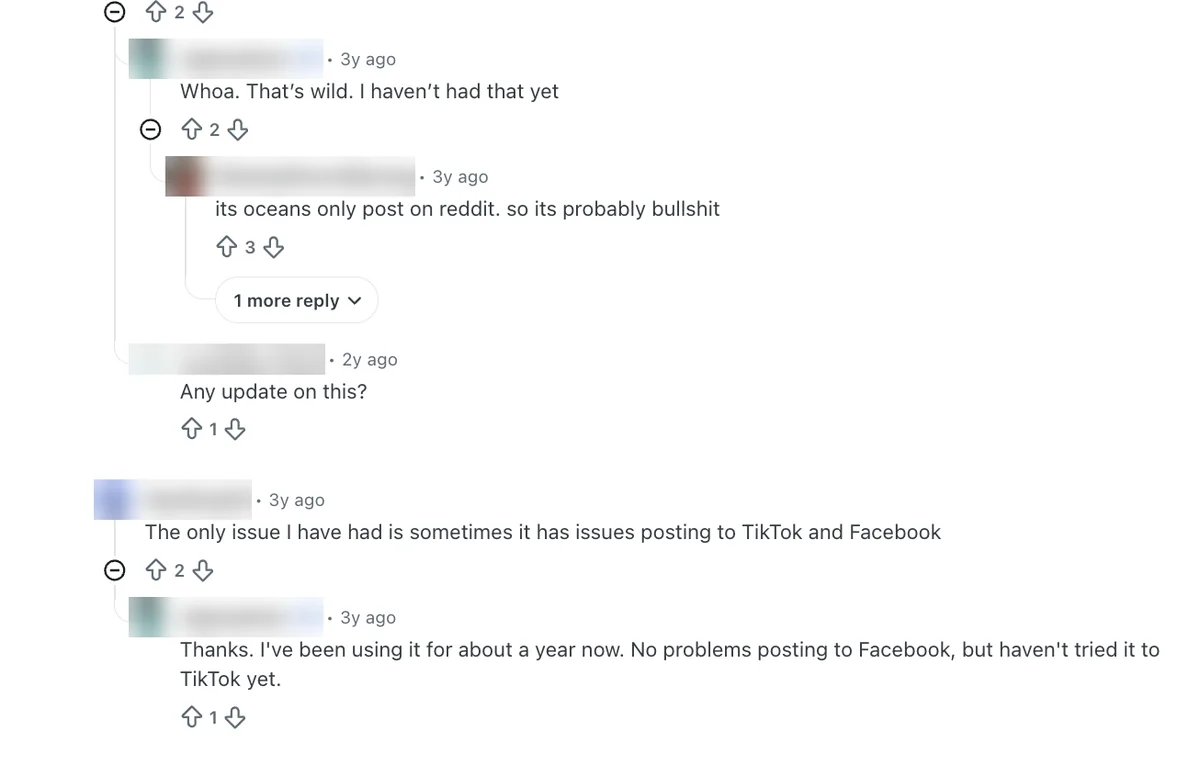 Reddit replies doubting a Metricool Facebook shutdown story and noting occasional TikTok and Facebook posting issues