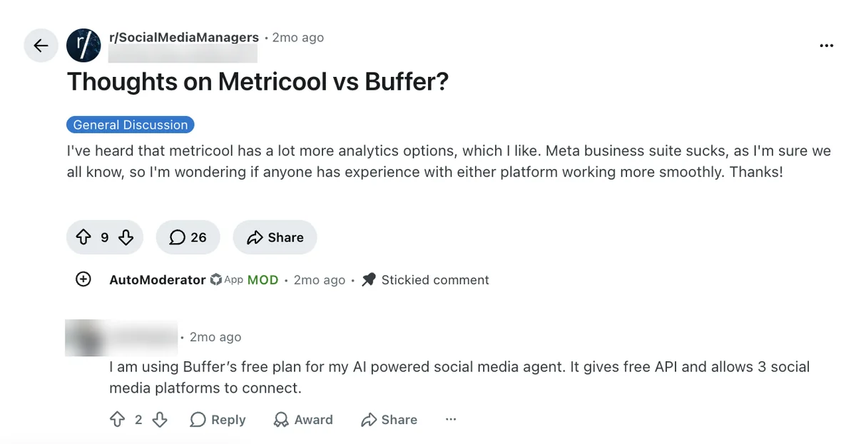 Reddit r/SocialMediaManagers post "Thoughts on Metricool vs Buffer?" praising Metricool analytics options