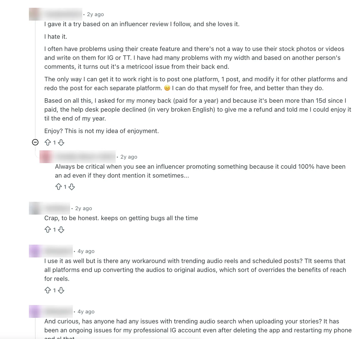 Reddit reply about Metricool bugs and a refund declined more than 15 days after paying for a year