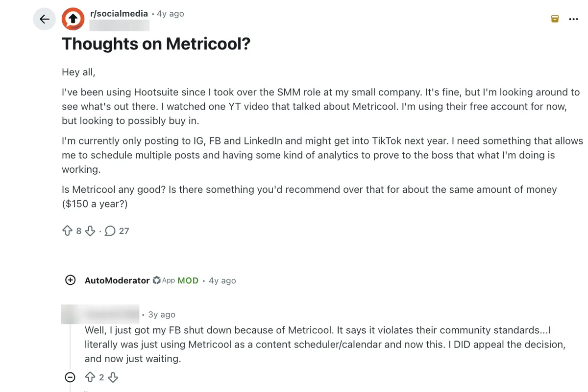 Reddit r/socialmedia post "Thoughts on Metricool?" from a free-plan user, with a reply about a Facebook shutdown
