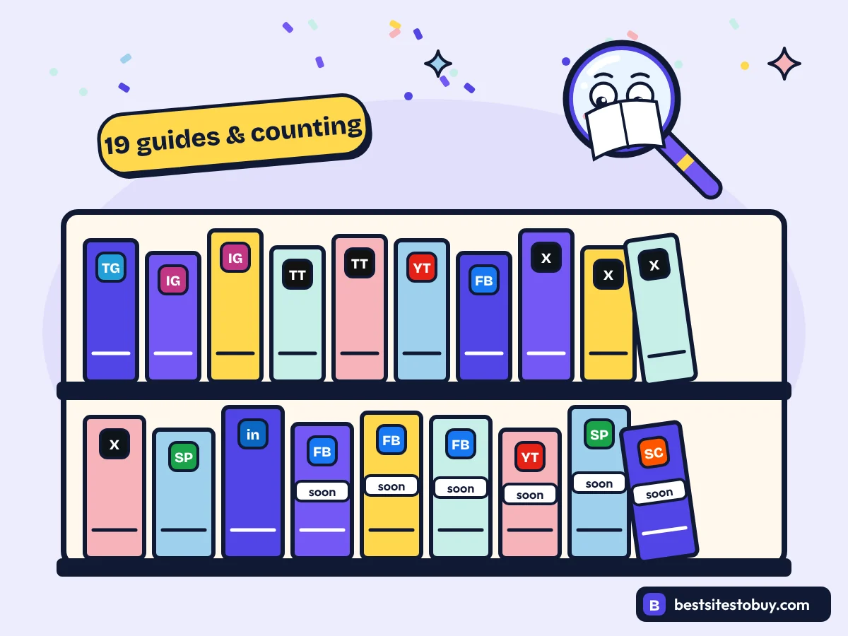 Olivia Smith buying guides for social media growth services shown as a bookshelf of 19 platform guides