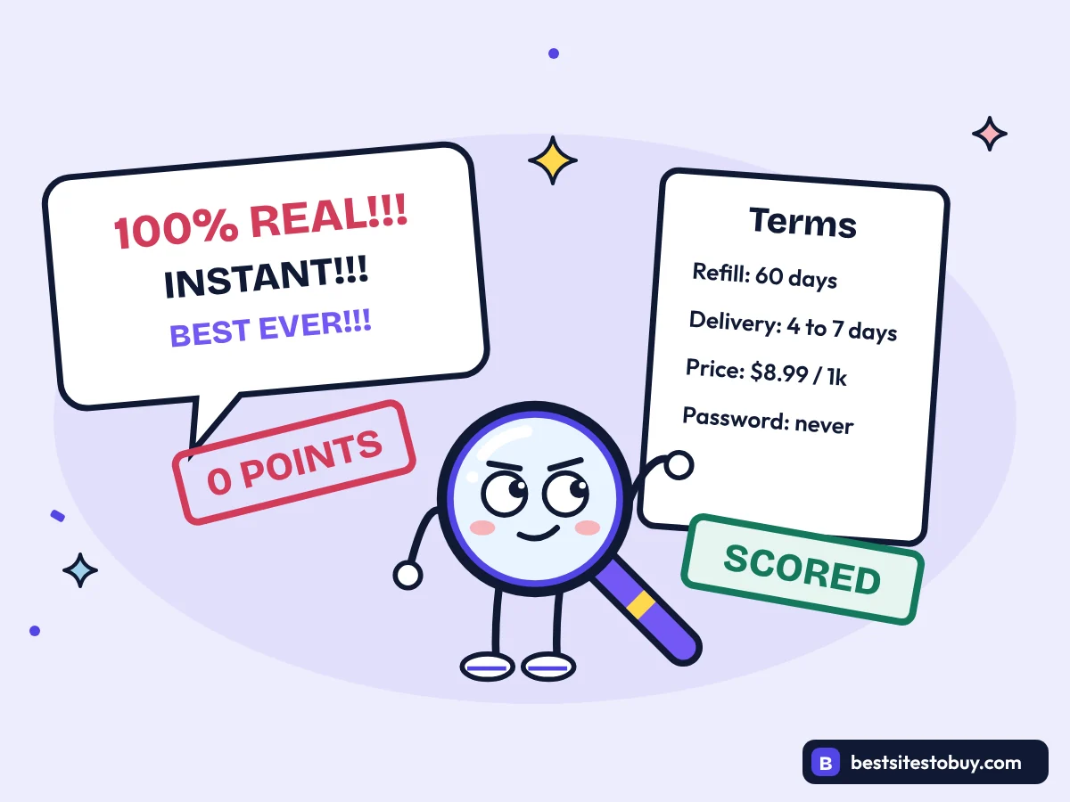 Olivia Smith scores published vendor terms, not sales claims like 100% real followers