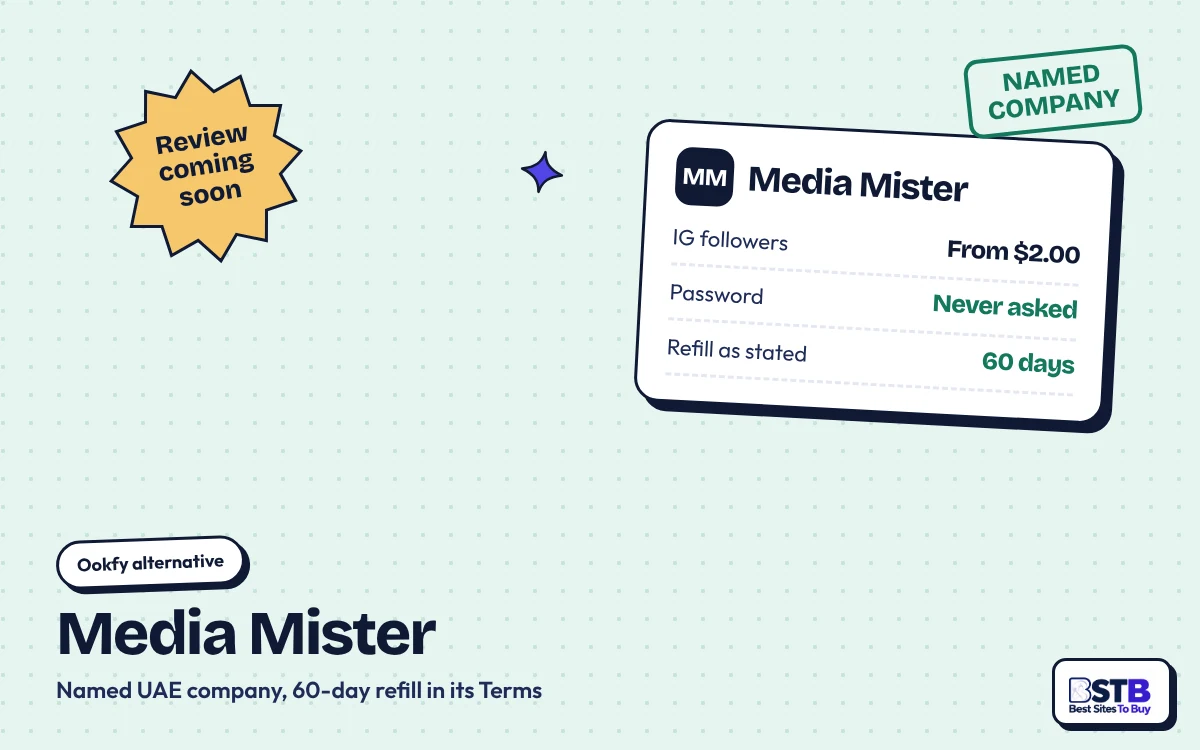Ookfy alternative Media Mister: Instagram followers from $2.00, no password, 60-day refill, named UAE company