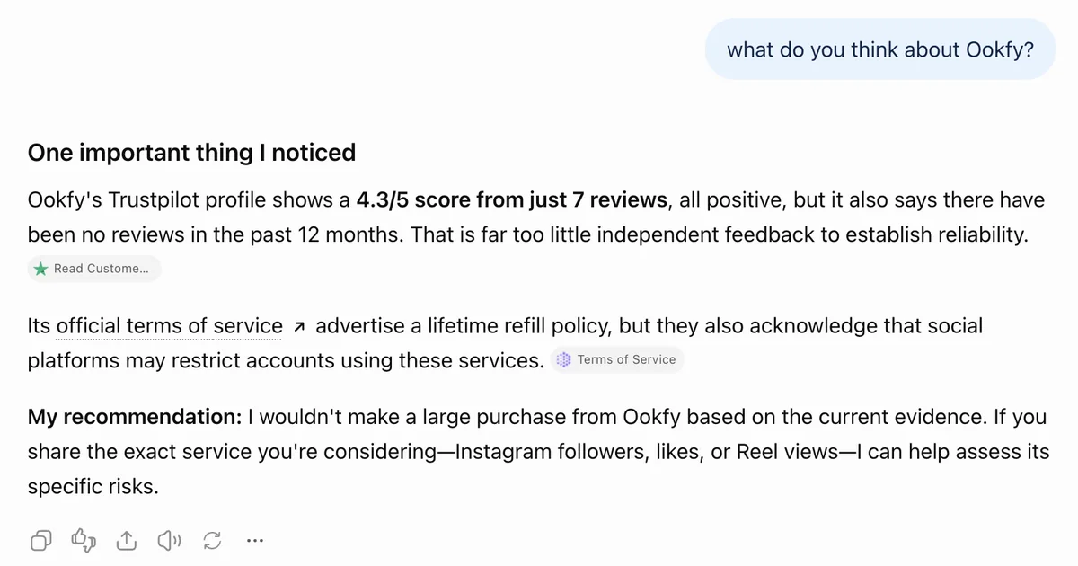 ChatGPT answer on Ookfy: 4.3 Trustpilot score from just 7 reviews, would not make a large purchase
