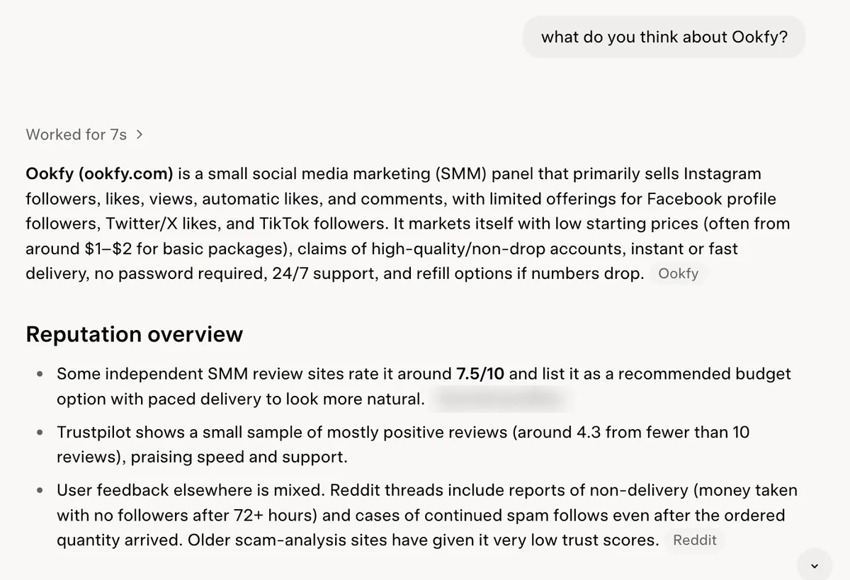 Grok answer on Ookfy: small Instagram-led SMM panel with mixed feedback and Reddit non-delivery reports