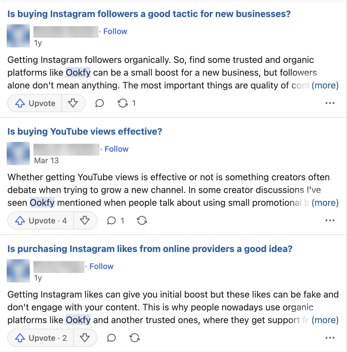 Quora answers naming Ookfy under questions on business followers, YouTube views and Instagram likes