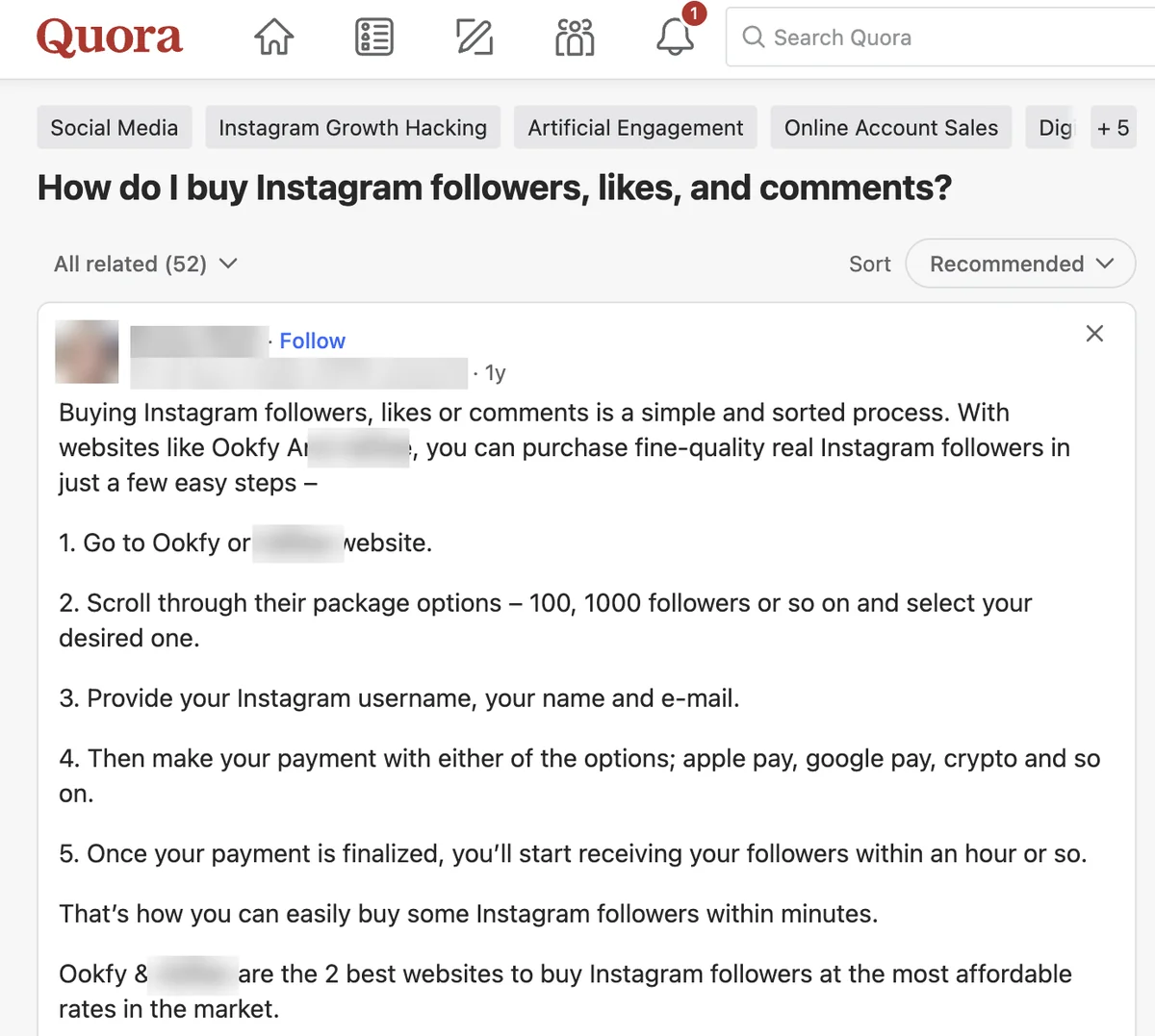 Quora answer recommending Ookfy and another site for buying Instagram followers, likes and comments