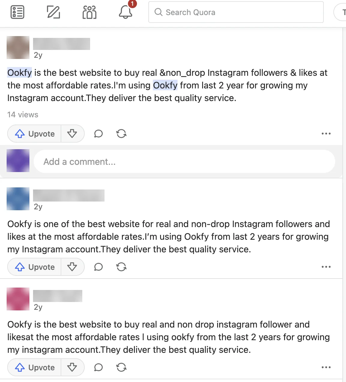Three Quora answers with almost the same sentence calling Ookfy the best site for Instagram followers
