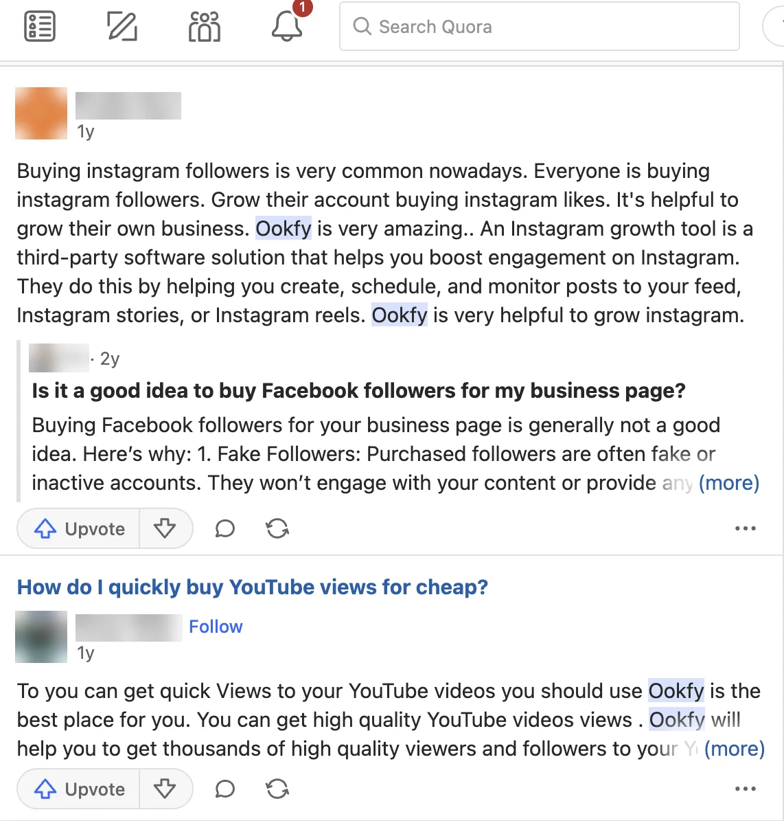 Quora answers praising Ookfy for Instagram and YouTube views, plus a quote calling bought followers a bad idea