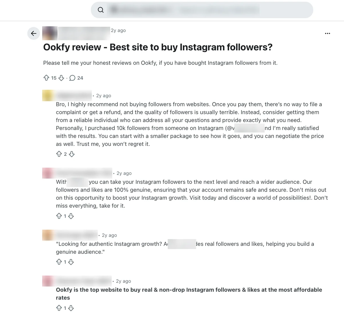 Reddit post asking for honest Ookfy reviews, with a warning reply and promotional replies
