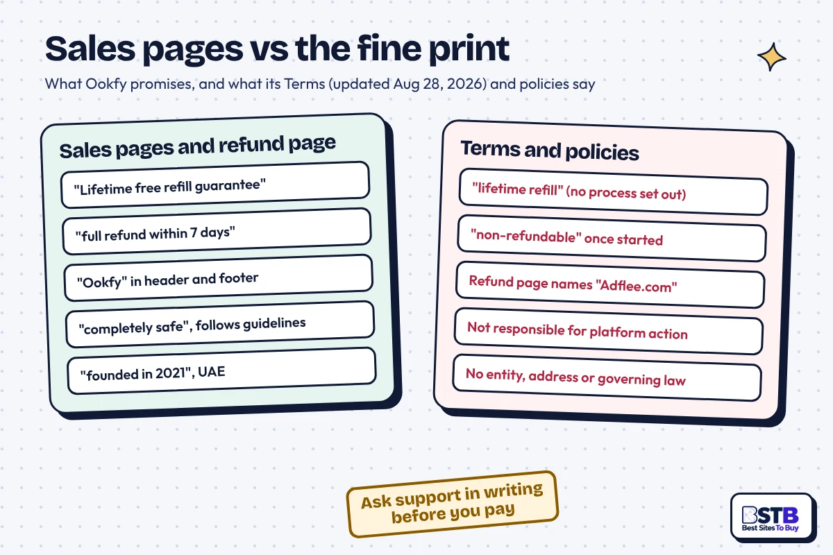 Ookfy sales pages vs its Terms: 7-day refund vs non-refundable, refund page naming Adflee.com, no entity named