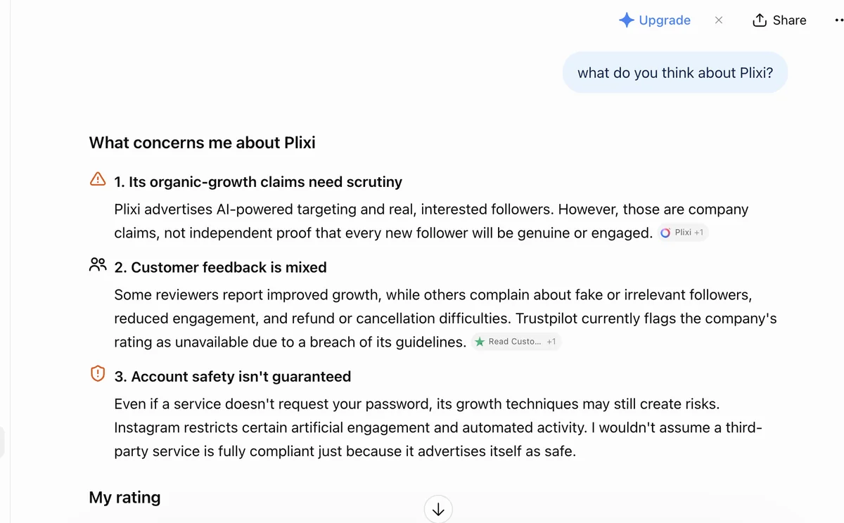 ChatGPT on Plixi ChatGPT answer on Plixi: organic-growth claims need scrutiny, mixed feedback and account safety not guaranteed