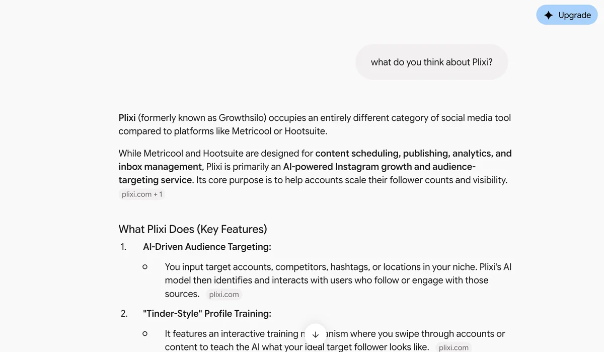 Gemini on Plixi Gemini answer on Plixi: an AI-powered Instagram growth and audience-targeting service, not a scheduler