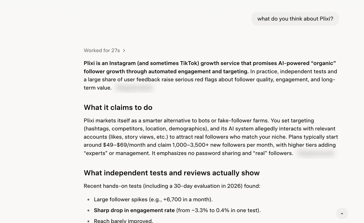 Grok on Plixi Grok answer on Plixi: AI-powered organic growth claims and serious red flags about follower quality