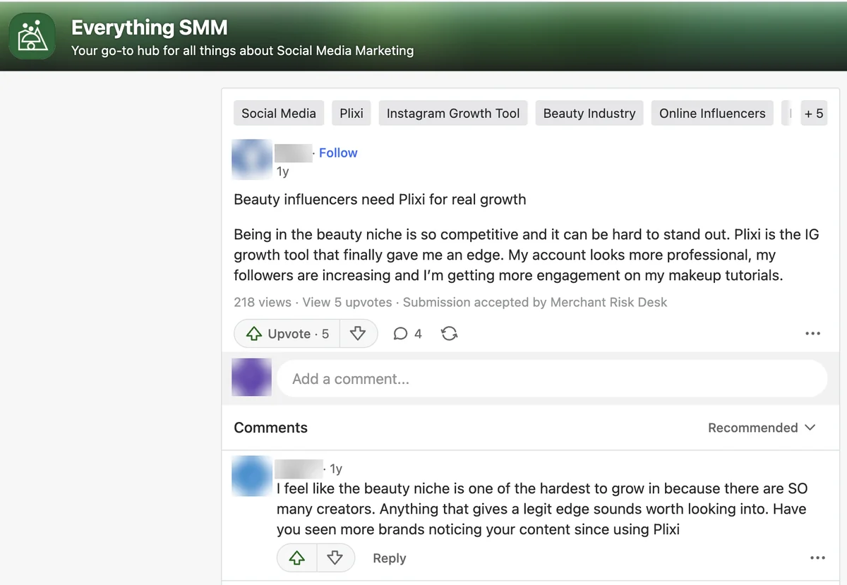 Quora: Beauty Influencers Need Plixi? Quora post in the Everything SMM Space saying beauty influencers need Plixi for real growth