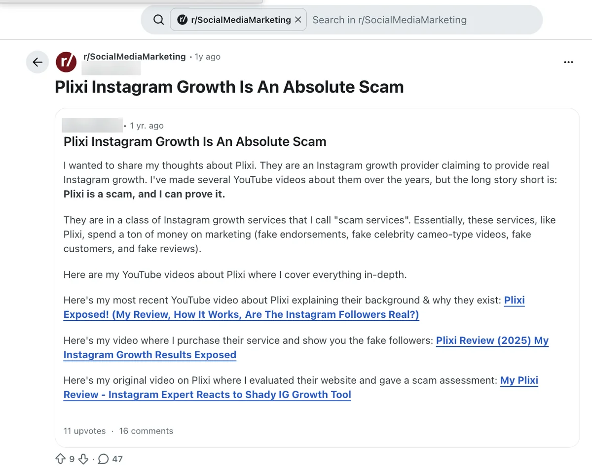 Reddit: Plixi Instagram Growth Is an Absolute Scam Reddit r/SocialMediaMarketing post titled Plixi Instagram Growth Is an Absolute Scam, linking YouTube videos
