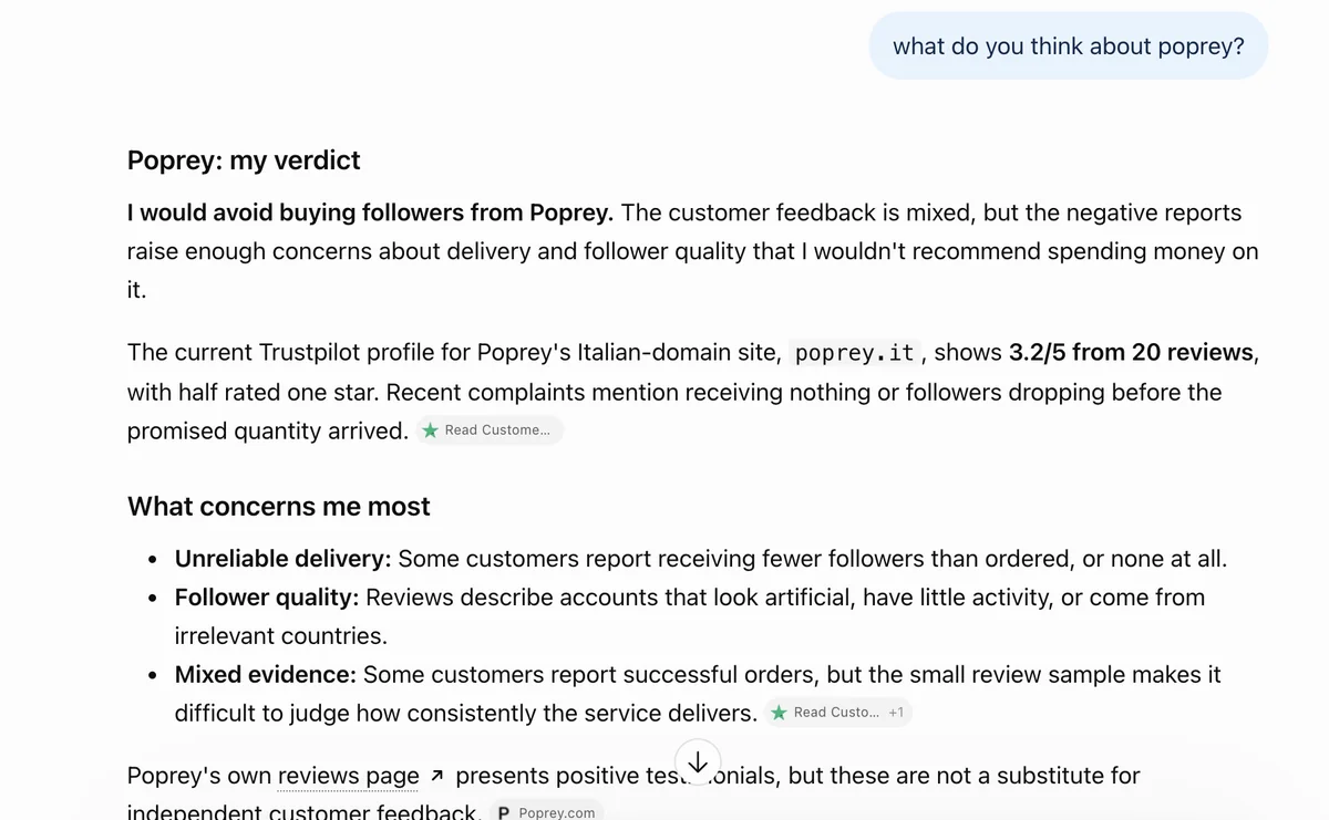 ChatGPT answer on Poprey: would avoid buying followers, cites a 3.2 Trustpilot score for poprey.it