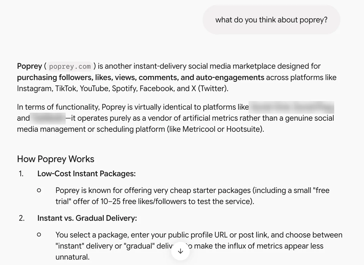 Gemini answer on Poprey: an instant-delivery marketplace with cheap starter packs and a free trial