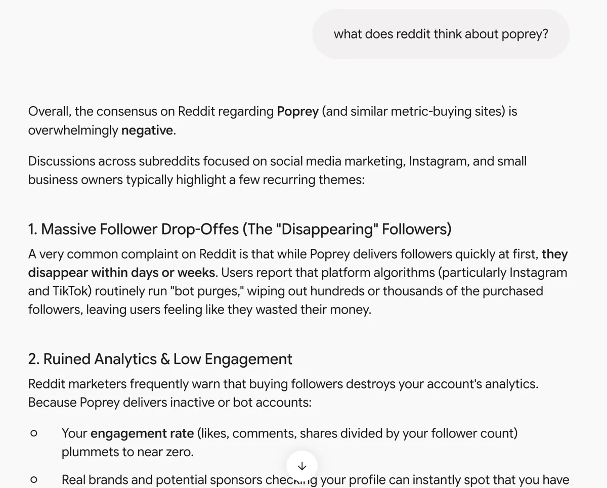 Gemini answer on what Reddit thinks of Poprey: consensus overwhelmingly negative, followers drop