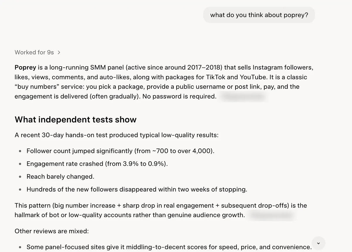 Grok answer on Poprey: a long-running SMM panel needing no password, citing a third-party follower test