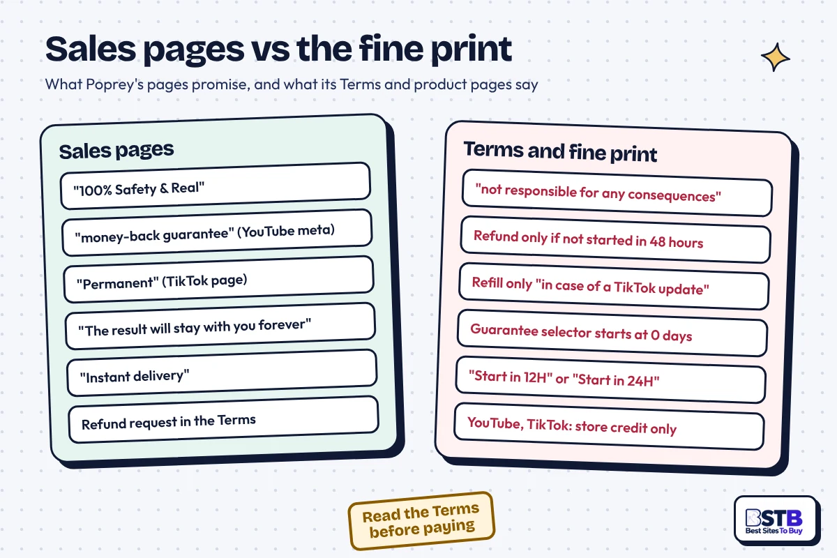 Poprey sales pages vs Terms: 100% Safety vs no responsibility, money-back vs store credit and a 48-hour rule