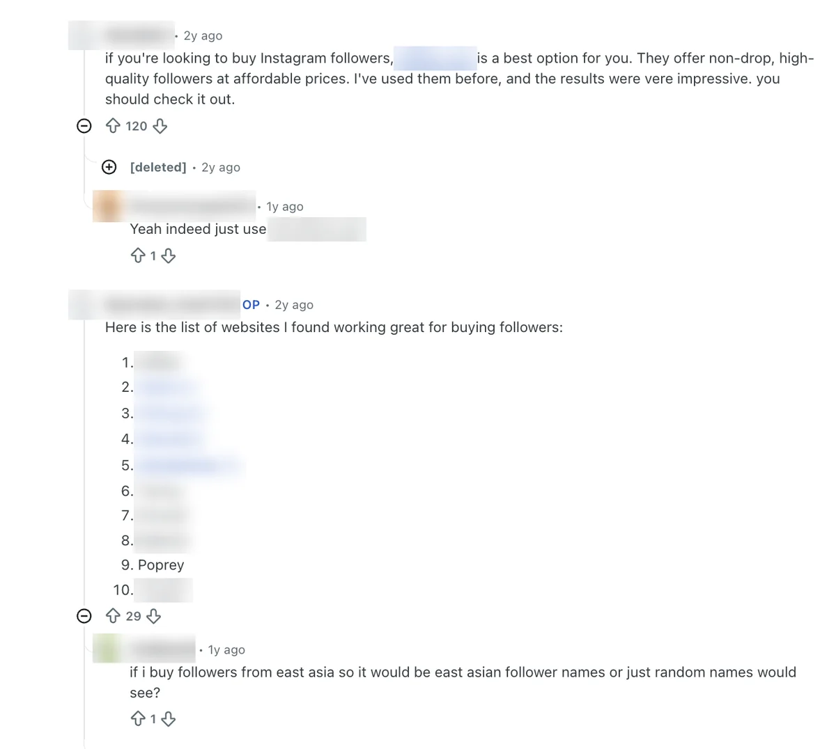 Reddit list of ten sites for buying followers in r/MarketingGeek, with Poprey ninth and no detail