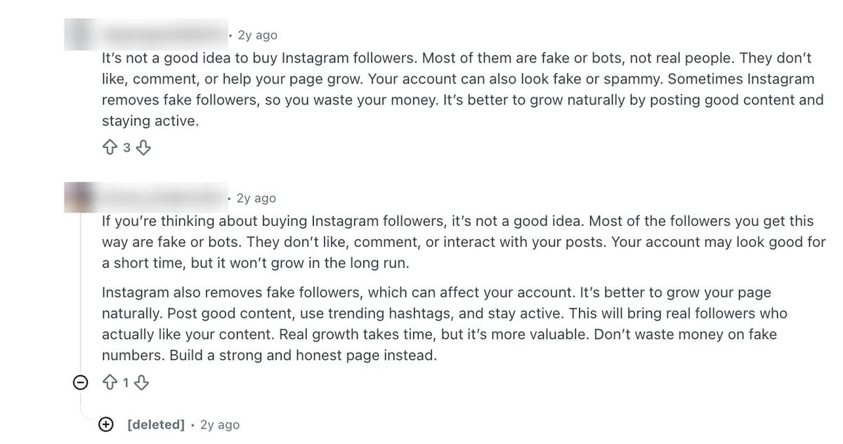Reddit replies advising against buying Instagram followers in the same thread; Poprey is not named