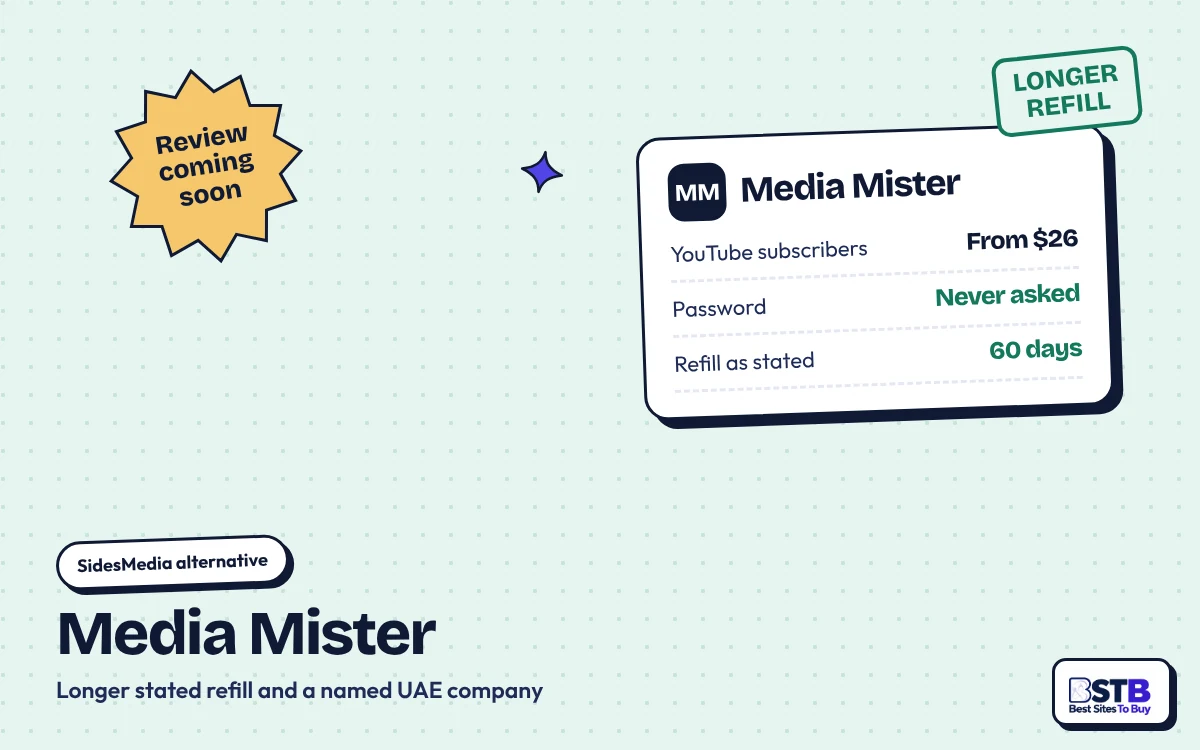 SidesMedia alternative Media Mister: YouTube subscribers from $26, no password, 60-day refill as stated
