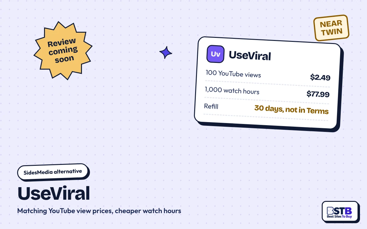 SidesMedia alternative UseViral: 100 YouTube views for $2.49, 1,000 watch hours for $77.99, 30-day refill